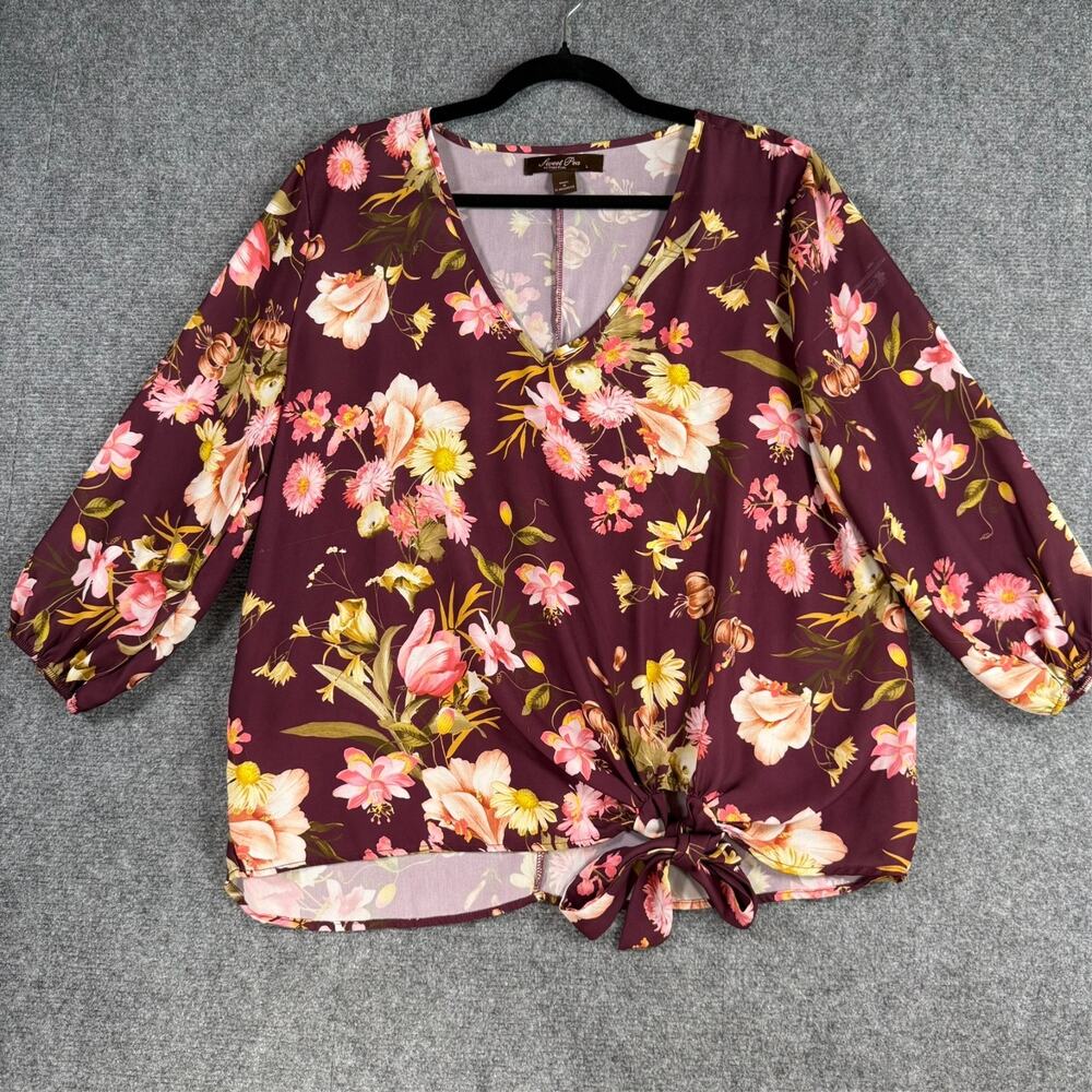 Sweet Pea Womens Floral Tie Front Blouse Burgundy Pink 3/4 Sleeve V Neck Top Lar